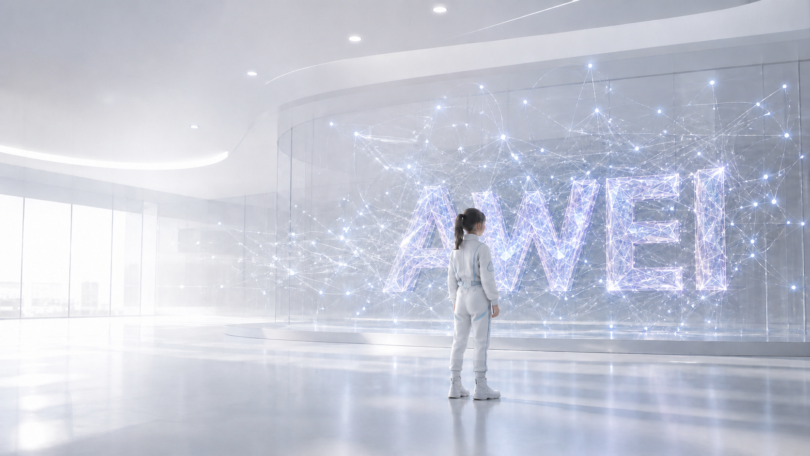 A young explorer in a bright future gallery observing a crystalline network sculpture